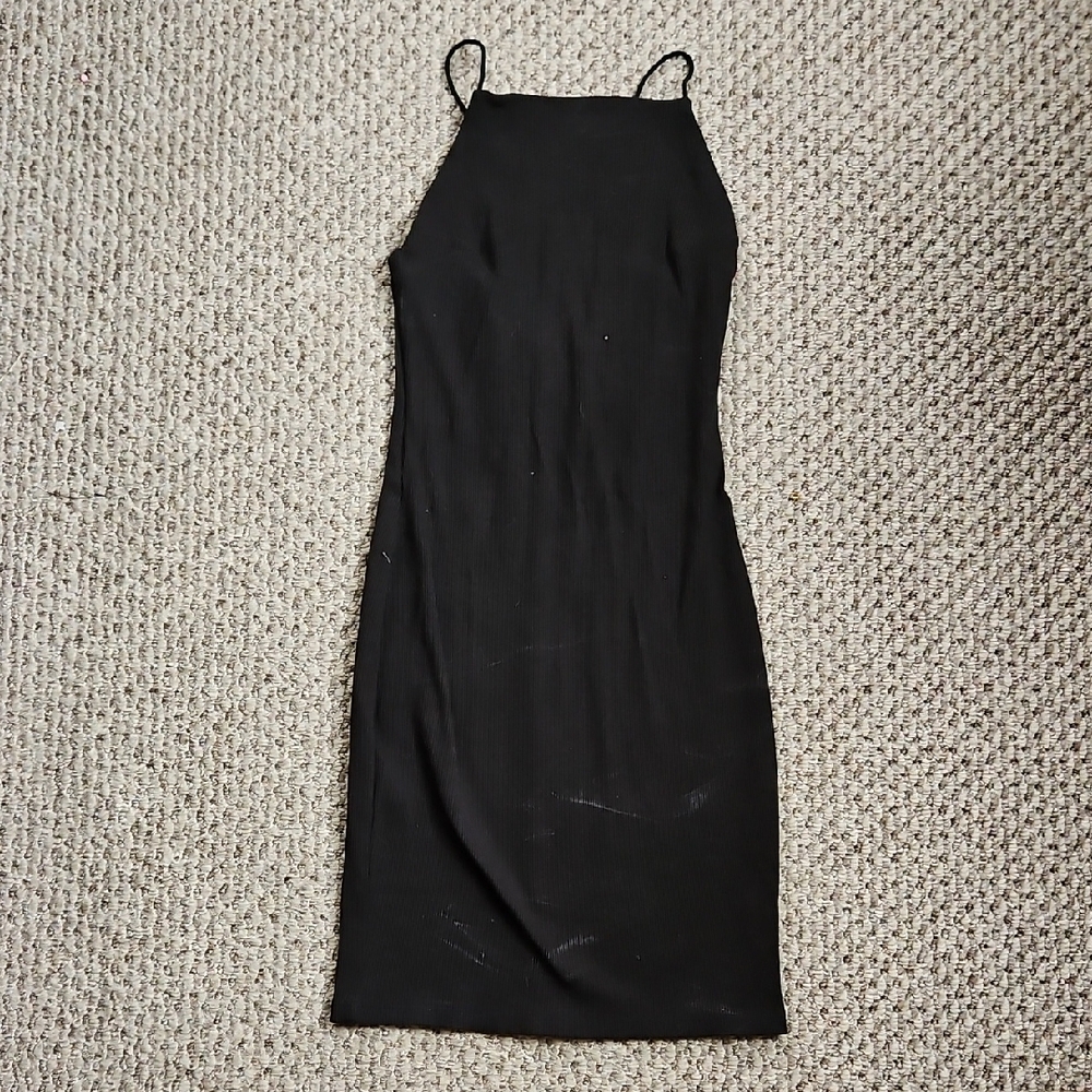 Nwt H&m Divided Ribbed Bodycon High Neck Strappy Mini Dress Black Small S